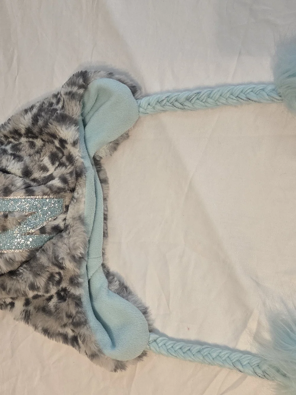 Justice Gray Leopard Faux Fur Earflap Hat with Light Blue Glitter Accents